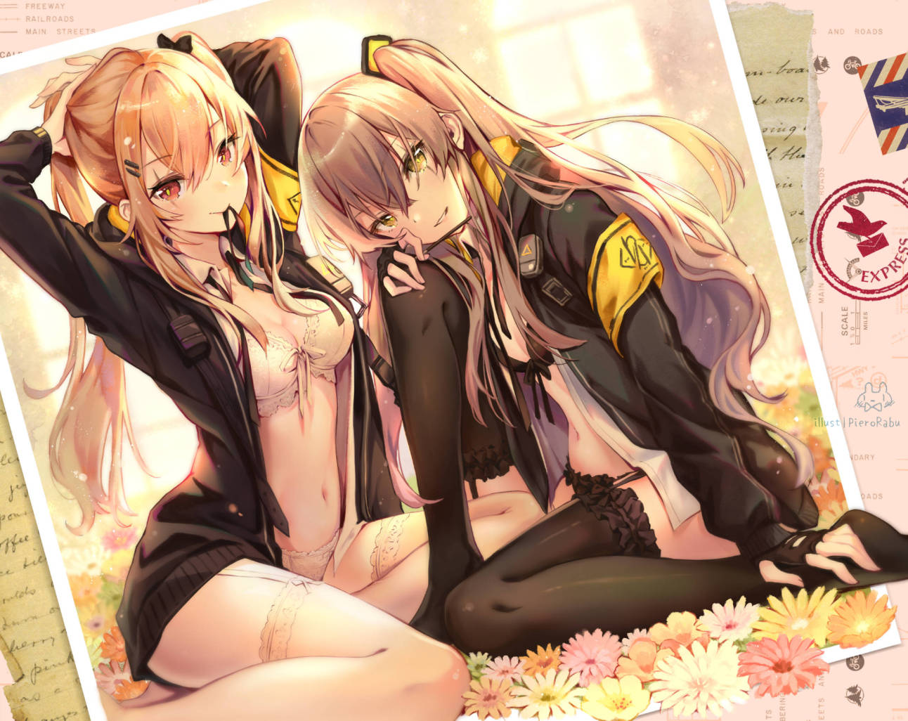 2girls arm_up armband bangs black_bow black_bra black_gloves black_jacket black_legwear black_panties bow bow_bra bra brown_hair bunching_hair closed_mouth commentary_request eyebrows_visible_through_hair fingerless_gloves fingernails flower frilled_legwear garter_straps girls_frontline gloves hair_between_eyes hair_bow hair_ornament head_tilt jacket long_hair long_sleeves mouth_hold multiple_girls navel one_side_up open_clothes open_jacket open_shirt orange_flower panties parted_lips pierorabu pink_flower red_eyes scar scar_across_eye shirt sitting smile thigh-highs twintails tying_hair ump45_(girls_frontline) ump9_(girls_frontline) underwear very_long_hair white_bra white_flower white_legwear white_panties white_shirt yellow_eyes yellow_flower