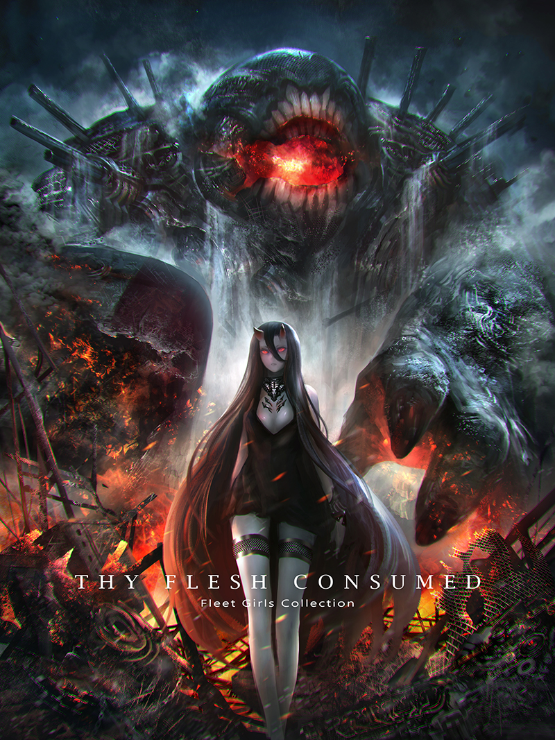 1girl arms_at_sides bacius battleship_hime black_dress black_hair breasts burning cleavage closed_mouth copyright_name cover cover_page creature detached_collar dress english fire garters giant glowing glowing_eyes hair_between_eyes jewelry kantai_collection long_hair looking_at_viewer microdress motion_blur mouth necklace net night night_sky oni_horns open_mouth pale_skin plasma red_eyes ruins shinkaisei-kan ship short_dress sky sleeveless sleeveless_dress solo star_(sky) steam steaming_body turret vambraces very_long_hair walking water watercraft wrench