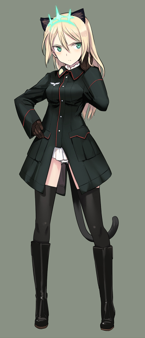 1girl animal_ears ass_visible_through_thighs black_legwear blonde_hair blush cat_ears cat_tail commentary_request full_body gloves green_eyes hand_on_hip heinrike_prinzessin_zu_sayn-wittgenstein hirschgeweih_antennas long_hair military military_uniform panties shimada_fumikane simple_background solo standing strike_witches tail thigh-highs underwear uniform white_panties
