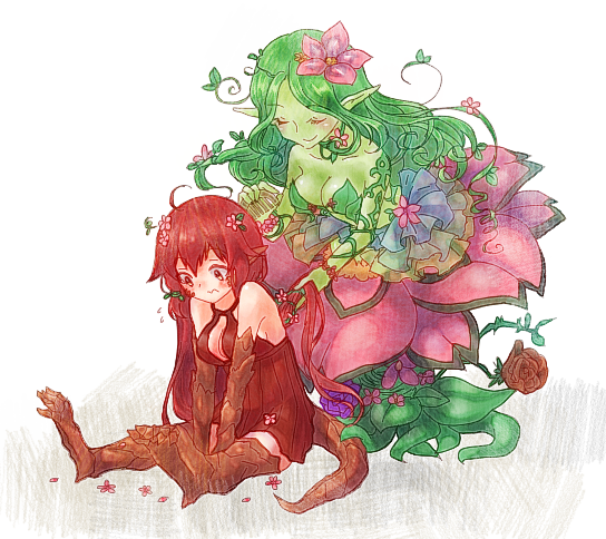 2girls ahoge aluru_(monster_musume) blush breasts claws cleavage combing flower green_hair green_skin hair_flower hair_ornament lizard_girl lizard_tail long_hair monster_girl monster_musume_no_iru_nichijou monster_musume_no_iru_nichijou_online multiple_girls plant_girl pointy_ears redhead sala_(monster_musume) scales simple_background sitting tana_(tana_chi35) very_long_hair white_background