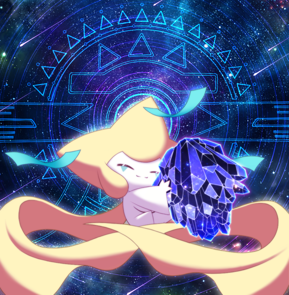 closed_eyes crystal hug jirachi magic_circle maiko_(moco.ki) no_humans object_hug pokemon pokemon_(creature) shooting_star space star