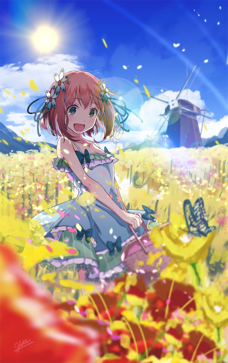 1girl :d artist_name bare_shoulders basket bow breasts brown_hair butterfly cleavage clouds collarbone dress eyebrows eyebrows_visible_through_hair field flower flower_field frills gothic_wa_mahou_otome green_eyes hair_flower hair_ornament hair_ribbon highres lens_flare open_mouth petals ribbon sky smile solo souffle_(gothic_wa_mahou_otome) sun windmill yae_(mono110)