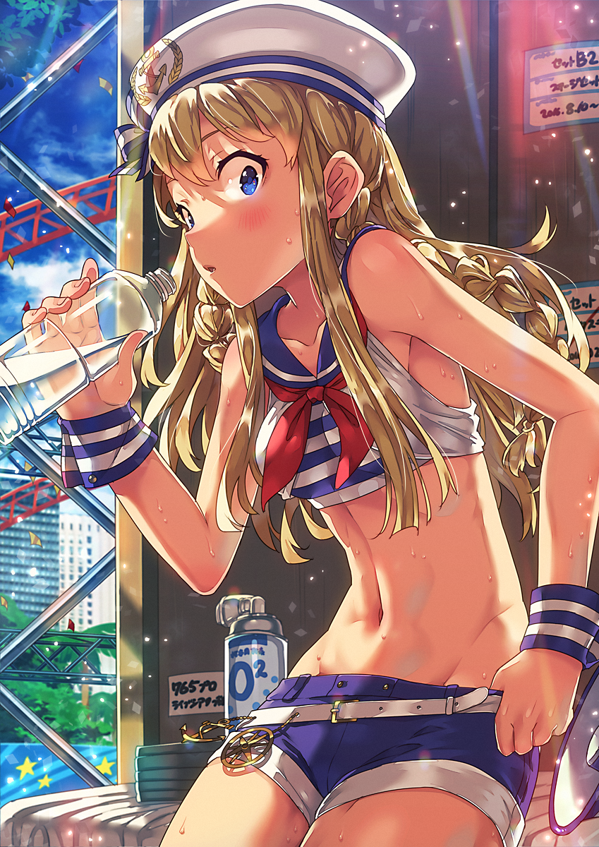 1girl belt blonde_hair blue_eyes blush bottle braid breasts clouds commentary_request crop_top hat highres hot idolmaster idolmaster_million_live! kousaka_umi long_hair looking_at_viewer narumi_arata navel open_mouth revision sailor_collar sailor_hat shorts sitting sky small_breasts solo sweat sweating twin_braids water_bottle wet wet_clothes wristband