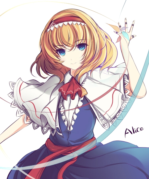 1girl alice_margatroid blonde_hair blue_dress blue_eyes capelet character_name cravat dress faefaea hairband light_smile lolita_hairband looking_at_viewer open_hand puppet_rings puppet_strings raised_hand sash short_hair simple_background solo touhou white_background