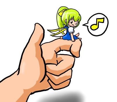 1girl :d blue_dress bow chibi commentary_request daiyousei dress fairy_wings green_hair hair_bow hands irony lowres minigirl musical_note open_mouth shirt short_hair side_ponytail simple_background sitting_on_hand smile solo_focus speech_bubble spoken_musical_note touhou u_c_h white_shirt wings