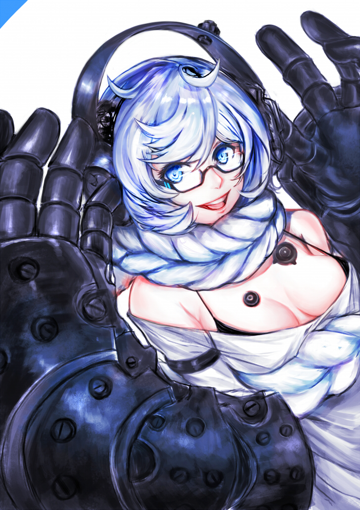 1girl :d absurdly_long_hair bare_shoulders black-framed_glasses blue_eyes braid breasts cleavage gauntlets glasses headphones kantai_collection long_hair looking_at_viewer off_shoulder open_mouth pale_skin power_fist semi-rimless_glasses shinkaisei-kan single_braid smile solo supply_depot_hime under-rim_glasses very_long_hair white_hair white_skin ytoy