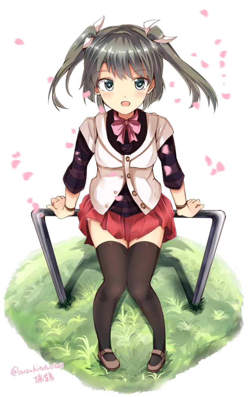 1girl alternate_costume arm_support armband bangs black_legwear blush bow bowtie brown_shoes buttons character_name eyebrows eyebrows_visible_through_hair fang full_body grass green_eyes green_hair hair_ornament highres kantai_collection knees_together_feet_apart looking_at_viewer open_mouth outdoors petals pink_bow pink_bowtie pleated_skirt railing red_skirt shadow shiny shiny_hair shoes sitting skirt smile solo striped suzuki_toto thigh-highs twintails twitter_username white_background zettai_ryouiki zuikaku_(kantai_collection)