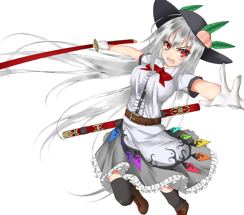 &gt;:o 1girl :o alternate_color alternate_hair_color belt black_hat black_legwear bow bowtie commentary_request food foreshortening fruit gloves gmot hat hinanawi_tenshi katana leaf long_hair looking_at_viewer open_mouth over-kneehighs peach puffy_short_sleeves puffy_sleeves red_bow red_bowtie red_eyes shirt short_sleeves silver_hair skirt solo sword sword_of_hisou thigh-highs touhou tsurime very_long_hair weapon white_background white_gloves zettai_ryouiki