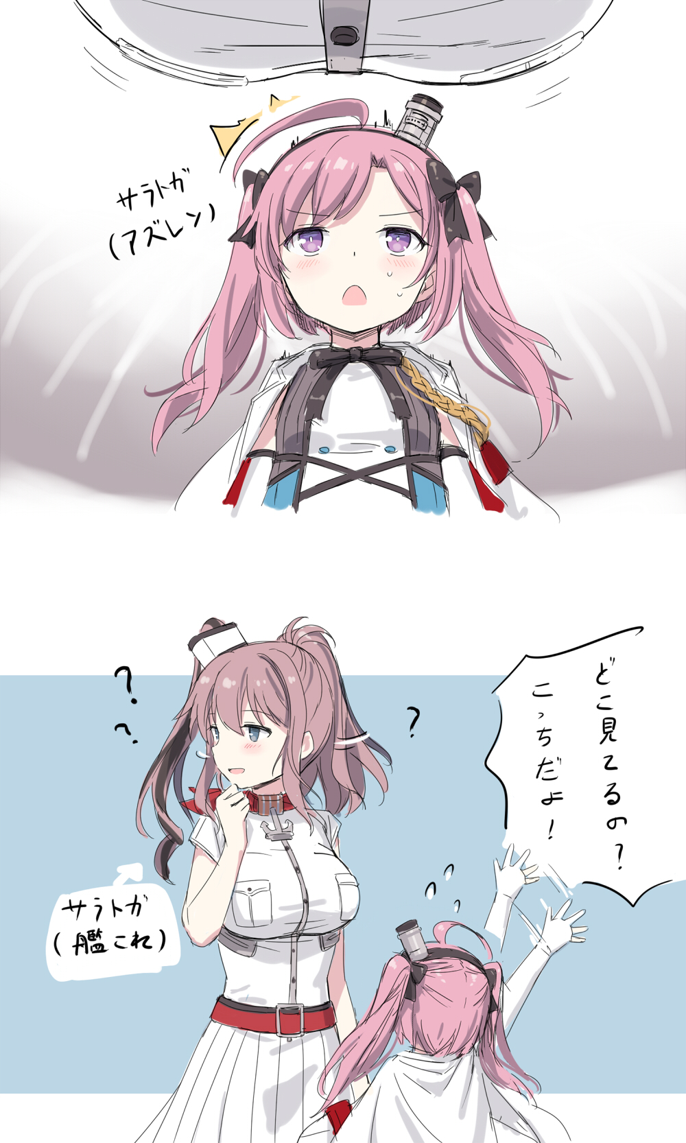2girls :d ahoge azur_lane blue_eyes breast_pocket breasts brown_hair clothes_on_shoulders cnm crossover hairband headgear highres kantai_collection long_hair military military_uniform multiple_girls namesake naval_uniform open_mouth pocket ponytail purple_hair saratoga_(azur_lane) saratoga_(kantai_collection) scarf size_difference smile sweat translated uniform violet_eyes