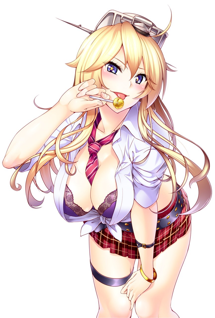 1girl 846-gou alternate_costume between_breasts blonde_hair blue_eyes bra breasts candy cleavage dress_shirt hand_on_own_knee highres iowa_(kantai_collection) kantai_collection lace-trimmed_bra large_breasts leaning_forward lollipop long_hair necktie necktie_between_breasts plaid plaid_skirt red_necktie school_uniform shirt skirt solo tied_shirt underwear