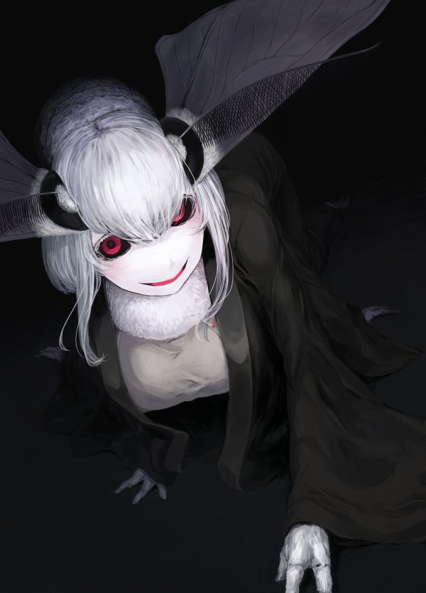 1girl all_fours antennae black_sclera breasts colored_eyelashes empty_eyes extra_arms head_wings large_breasts long_sleeves mashiro_(solopipb) monster_girl moth_girl moth_wings multiple_arms open_mouth original red_eyes short_hair smile solo soropippub white_hair white_skin wings