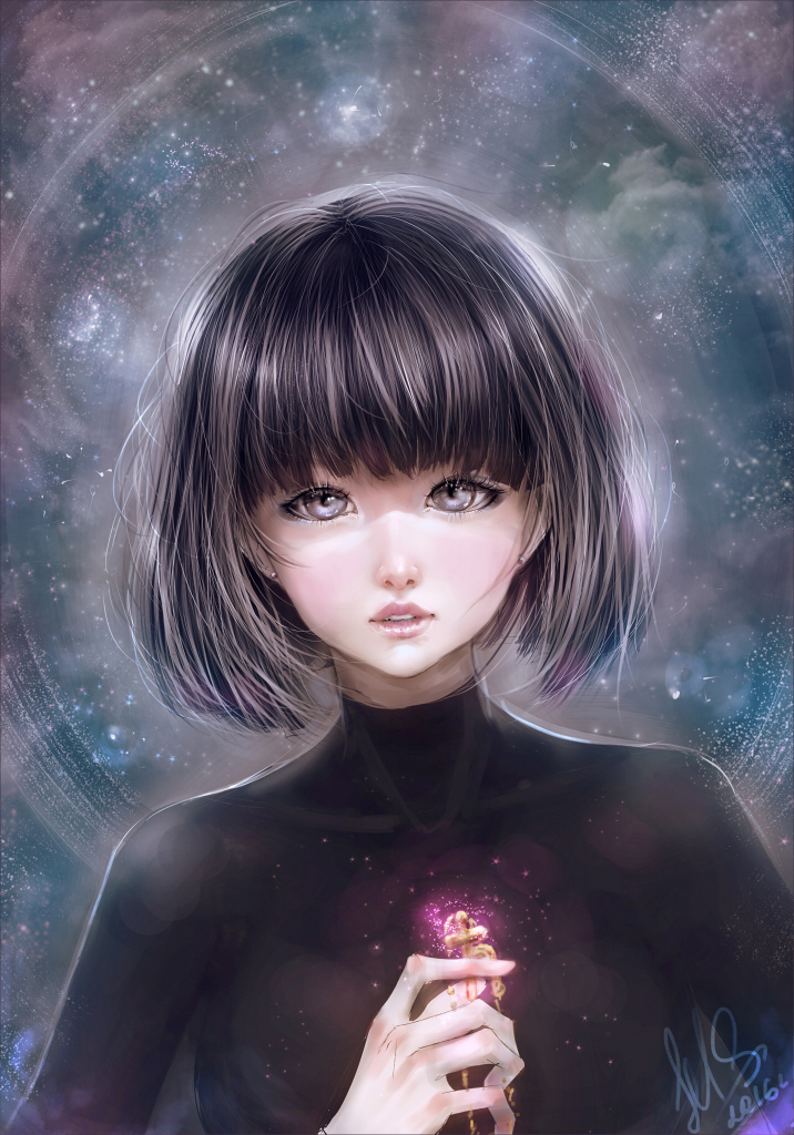 1girl 2016 bishoujo_senshi_sailor_moon black_hair bob_cut lavender_eyes moonselena realistic saturn_symbol short_hair signature solo tomoe_hotaru