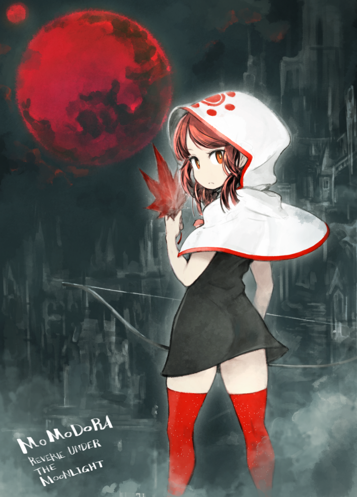 1girl ass back black_dress bow_(weapon) brown_hair castle cloak copyright_name dress full_moon holding holding_weapon hood hooded_cloak kaho_(momodora) leaf looking_at_viewer looking_back maple_leaf momodora:_reverie_under_the_moonlight moon red_eyes red_legwear red_moon short_dress solo thigh-highs weapon yunar zettai_ryouiki
