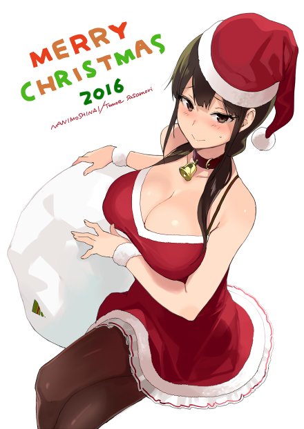 1girl 2016 artist_name bell bell_collar black_hair blush breasts brown_eyes brown_legwear christmas circle_name cleavage collar hat large_breasts long_hair low_twintails merry_christmas pantyhose sack santa_hat sasamori_tomoe simple_background smile solo succubus_stayed_life twintails white_background yomisawa_tsukino