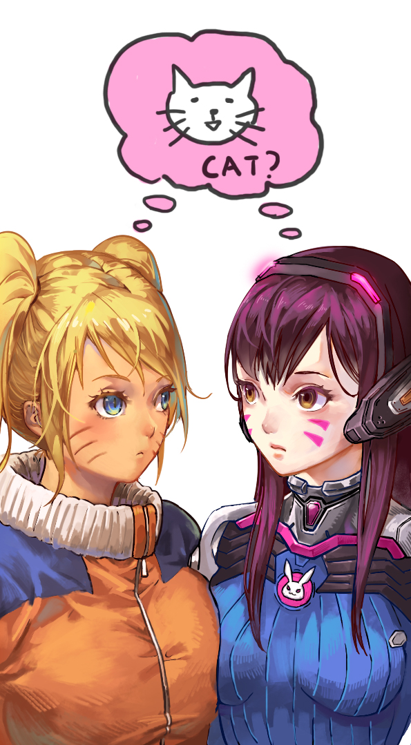 2girls :&lt; bangs blonde_hair blue_eyes blush bodysuit breast_press breasts brown_eyes bunny_print cat closed_mouth colored_eyelashes crossover d.va_(overwatch) eye_contact eyelashes facial_mark genderswap genderswap_(mtf) glowing hare_(yamihuji) headphones large_breasts long_hair looking_at_another multiple_girls naruko naruto overwatch pilot_suit purple_hair shared_thought_bubble swept_bangs symmetrical_docking thought_bubble trait_connection twintails upper_body uzumaki_naruto whisker_markings white_background zipper