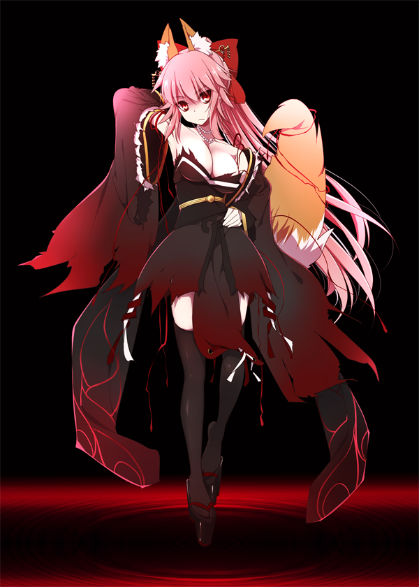 1girl alternate_color alternate_costume animal_ears arms_behind_back black_background bow breasts caster_(fate/extra) cleavage dark_persona fate/extra fate/grand_order fate_(series) fox_ears fox_tail hair_bow hand_on_hip japanese_clothes kurikara large_breasts looking_at_viewer pink_hair simple_background solo tail torn_clothes yellow_eyes
