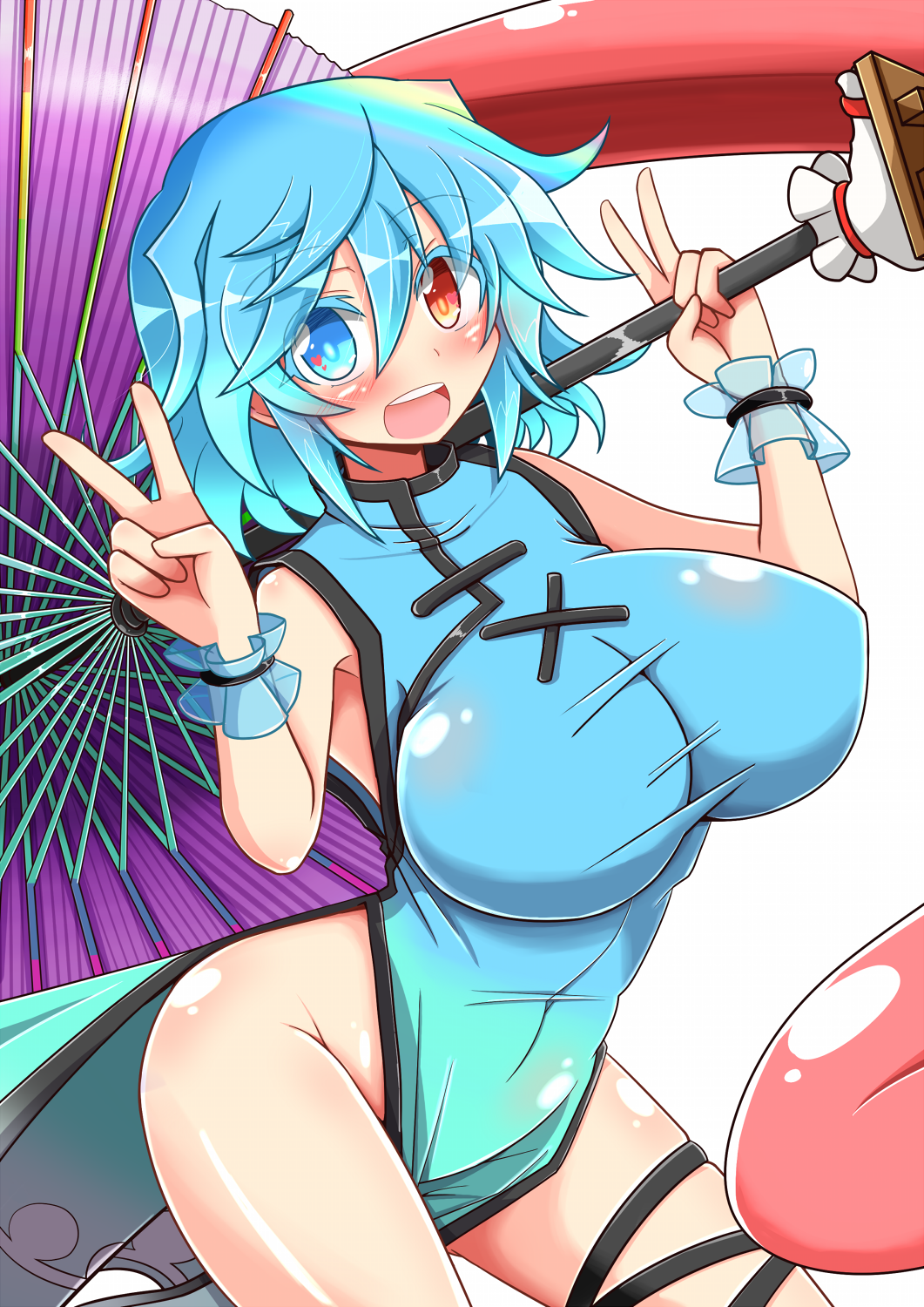 1girl adapted_costume bare_arms blue_dress blush breasts china_dress chinese_clothes commentary_request dress highres huge_breasts karakasa_obake leg_ribbon looking_at_viewer no_panties open_mouth pose ribbon rindou_(p41neko) side_slit smile solo tatara_kogasa thighs touhou umbrella v white_background wrist_cuffs
