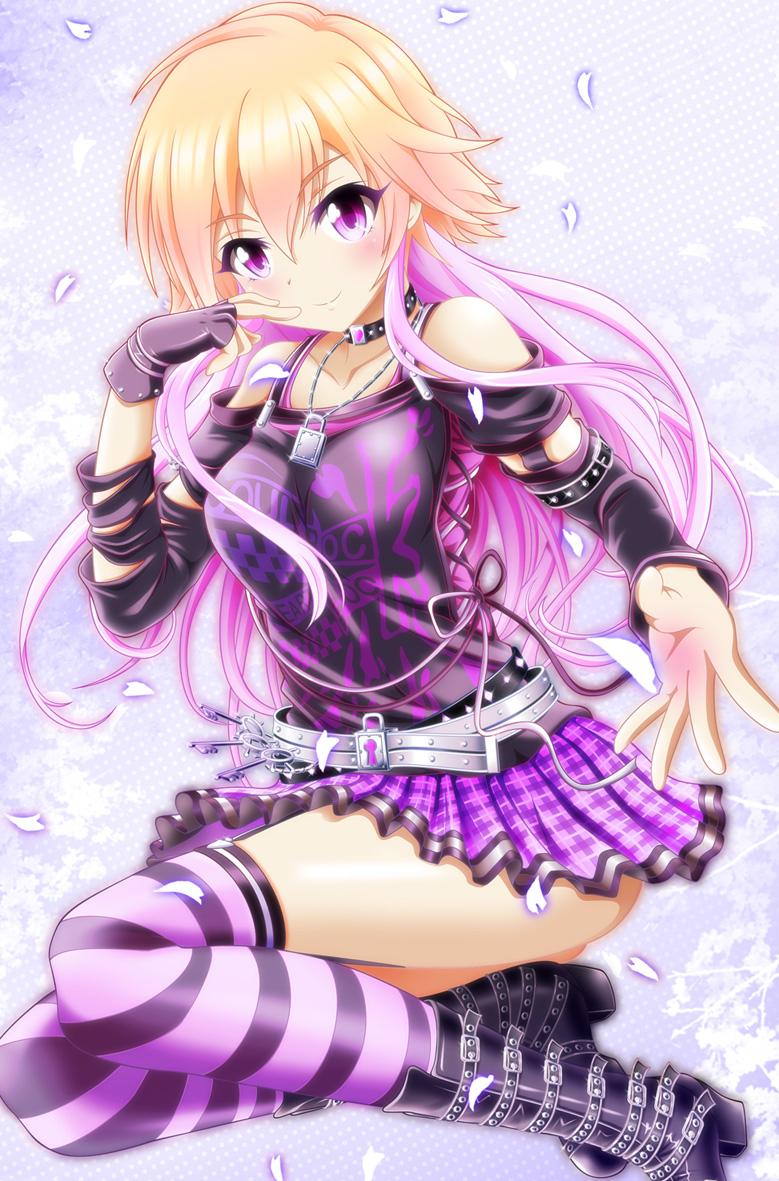 1girl bangs belt belt_boots black_boots black_gloves blonde_hair blush boots closed_mouth clothes_writing collar collarbone cross-laced_clothes detached_sleeves eva_16-gouki eyebrows eyebrows_visible_through_hair finger_to_mouth fingerless_gloves gloves hair_between_eyes idolmaster idolmaster_cinderella_girls jewelry key lock long_hair long_sleeves looking_at_viewer miniskirt multicolored_hair ninomiya_asuka off-shoulder_shirt off_shoulder outstretched_arm padlock patterned pendant petals plaid plaid_skirt pleated_skirt polka_dot polka_dot_background print_shirt purple_skirt reaching shirt skirt smile solo striped striped_legwear thigh-highs two-tone_hair violet_eyes