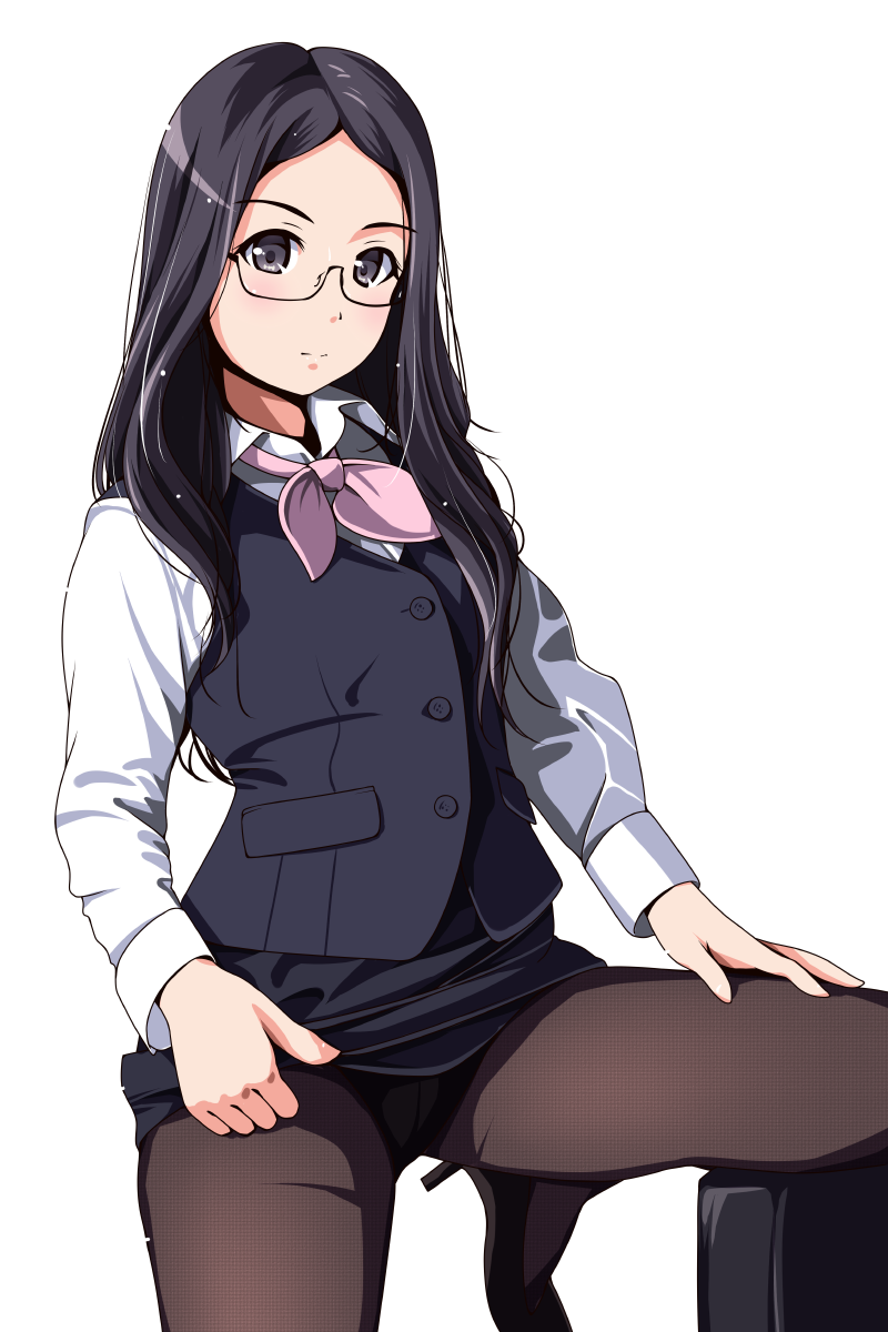 1girl black-framed_glasses black_hair black_legwear black_panties black_skirt black_vest bow bowtie buttons closed_mouth collared_shirt crotch_seam expressionless female glasses grey_eyes highres leg_up long_hair long_sleeves looking_at_viewer matsunaga_kouyou office_lady panties panties_under_pantyhose pantyhose pantyshot pantyshot_(standing) pencil_skirt pink_bow pink_bowtie pocket semi-rimless_glasses shirt simple_background skirt skirt_set solo standing standing_on_one_leg under-rim_glasses underwear upskirt vest white_background white_shirt wing_collar