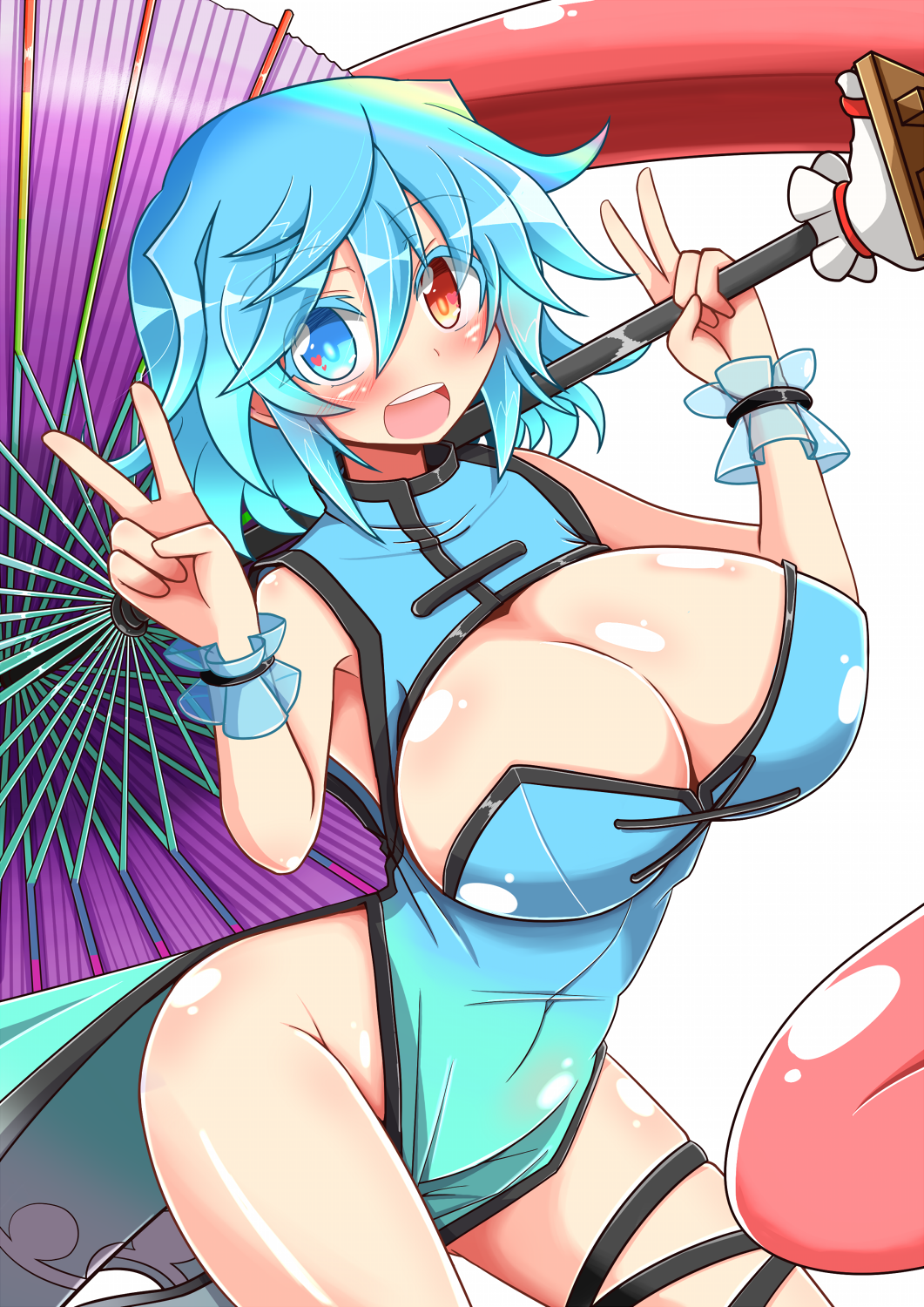 1girl adapted_costume bare_arms blue_dress blush breasts china_dress chinese_clothes cleavage cleavage_cutout commentary_request dress highres huge_breasts karakasa_obake leg_ribbon looking_at_viewer no_panties open_mouth pose ribbon rindou_(p41neko) side_slit smile solo tatara_kogasa thighs touhou umbrella v white_background wrist_cuffs