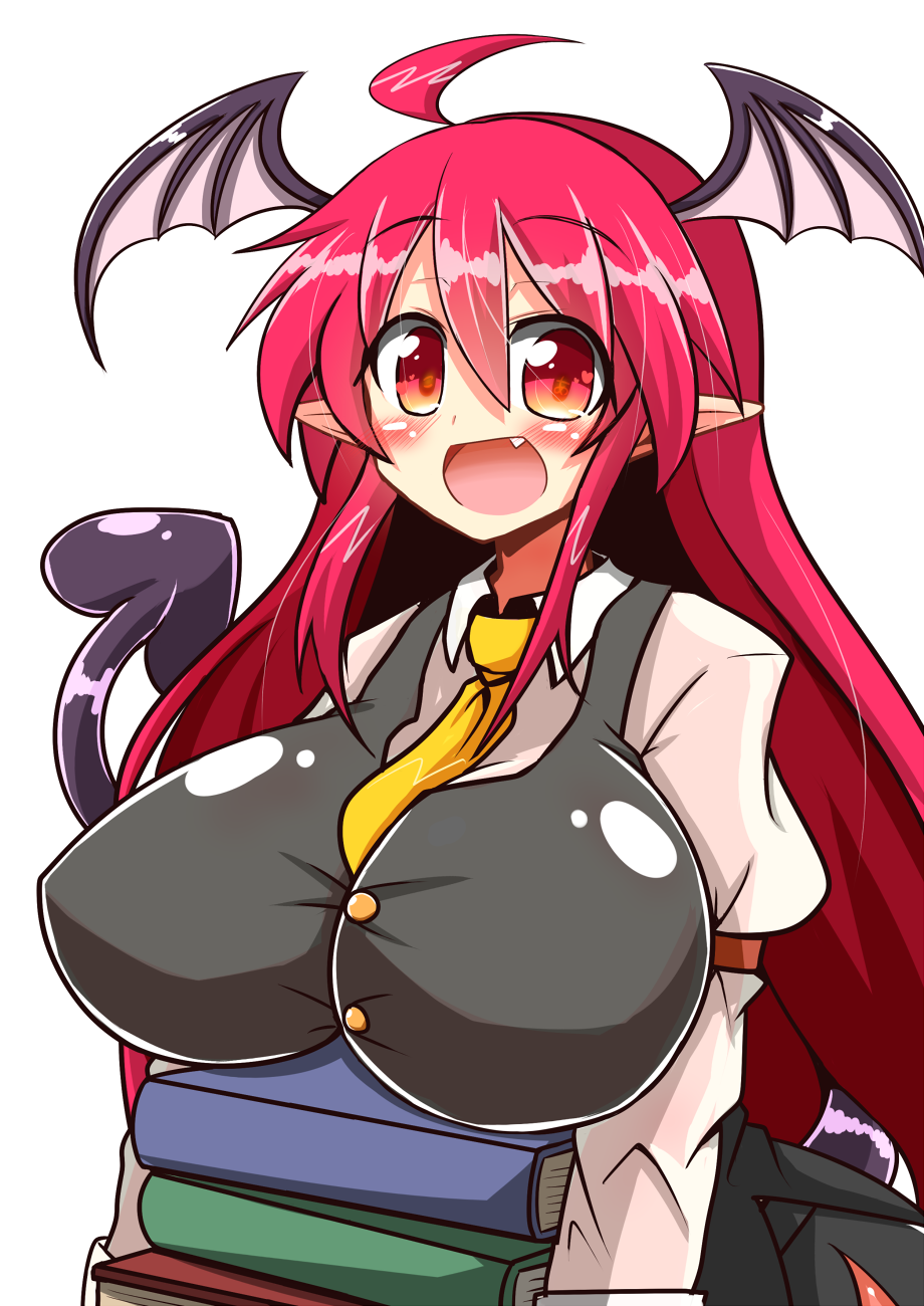 1girl :d ahoge between_breasts book book_stack breast_rest breasts commentary_request demon_girl demon_tail demon_wings fang head_wings heart highres holding holding_book koakuma large_breasts long_hair looking_at_viewer necktie necktie_between_breasts open_mouth pointy_ears red_eyes redhead rindou_(p41neko) smile solo succubus symbol-shaped_pupils tail textless touhou very_long_hair white_background wings