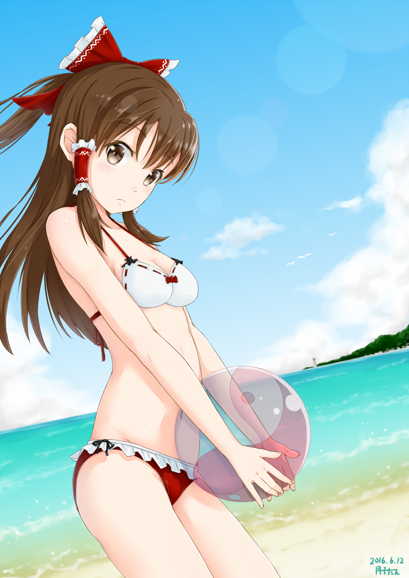 1girl 2016 artist_name ball bare_arms bare_shoulders beach beachball bikini bow breasts brown_eyes brown_hair cleavage closed_mouth clouds coast collarbone cowboy_shot dated day expressionless eyebrows eyebrows_visible_through_hair frilled_bikini frilled_bow frills gecotan hair_bow hair_tubes hakurei_reimu holding_ball lighthouse long_hair looking_at_viewer multicolored_bikini navel outdoors ponytail red_bikini_bottom red_bow ribbon-trimmed_bikini sand shore sidelocks sky solo standing stomach summer swimsuit thighs touhou transparent white_bikini_top yin_yang