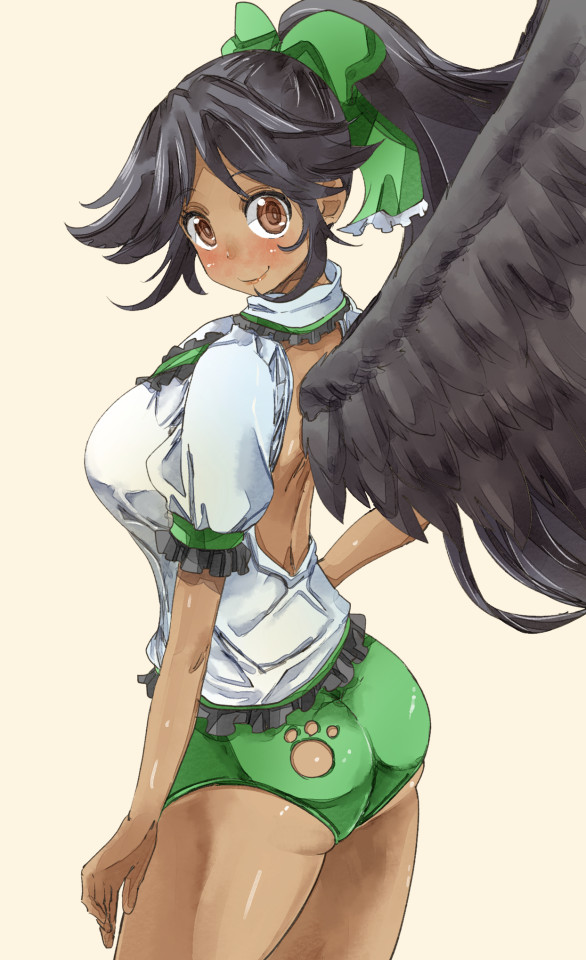 1girl ass ass_cutout backless_outfit black_hair black_wings bow breasts brown_eyes dark_skin feathered_wings frilled_shirt frills hair_bow hair_ribbon hand_on_hip large_breasts long_hair looking_at_viewer looking_back paw_print ponytail reiuji_utsuho ribbon shirt short_shorts shorts smile solo tan touhou wings yohane
