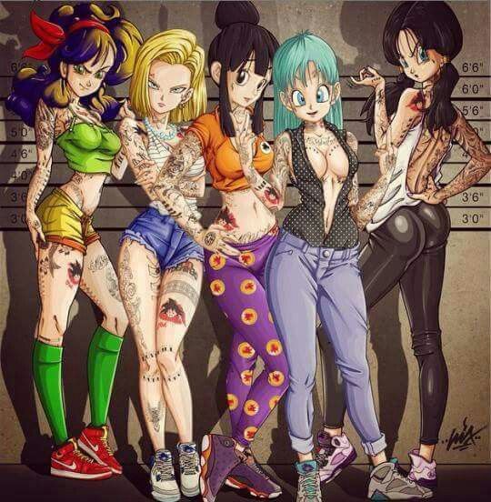 &gt;:( &gt;:o 5girls :o android_18 ass backless backless_outfit bandana bangs black_eyes black_hair black_legwear blonde_hair blue_eyes blue_hair breasts bulma chi-chi_(dragon_ball) crop_top crossed_arms denim dragon_ball dragon_ball_z earrings facial_tattoo forehead green_eyes green_legwear green_shirt hair_bun jeans jewelry jpeg_artifacts lighting lineup long_hair looking_at_viewer looking_back lunch_(dragon_ball) middle_finger midriff multiple_girls navel necklace no_bra open_mouth orange_shirt pants pearl_necklace purple_hair purple_legwear ripped_jeans shadow shirt shoes short_hair short_shorts shorts signature smile sneakers son_gokuu striped striped_shirt tank_top tattoo twintails v videl white_shirt yellow_eyes yellow_shorts