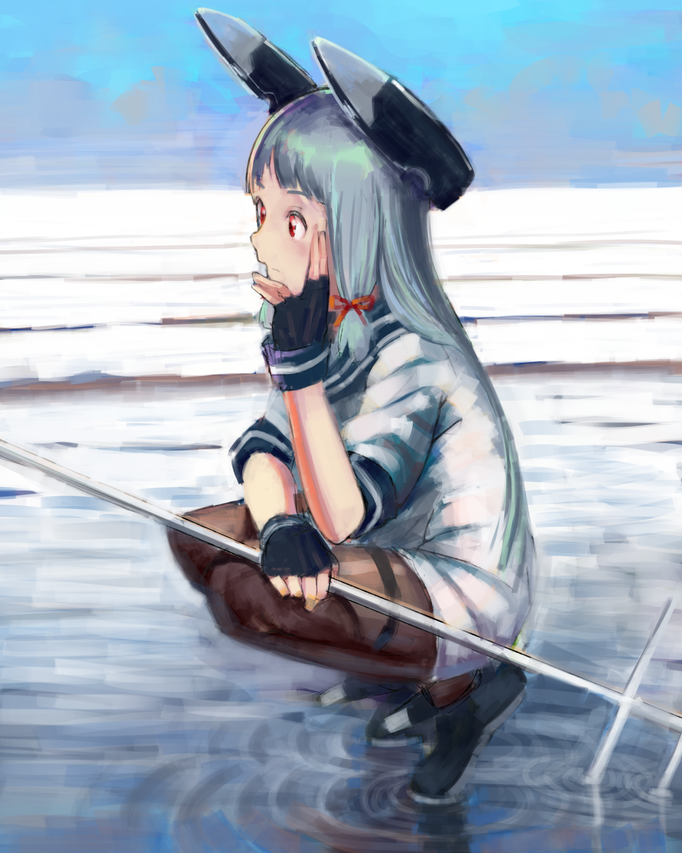 1girl bangs beach blue_hair blue_sky blunt_bangs commentary_request dress fingerless_gloves from_side fujibejifu gloves hair_ribbon hand_on_own_cheek headgear highres kantai_collection long_hair murakumo_(kantai_collection) ocean pantyhose red_eyes ribbon ripples sailor_dress shoal shoes sidelocks sky solo squatting waves