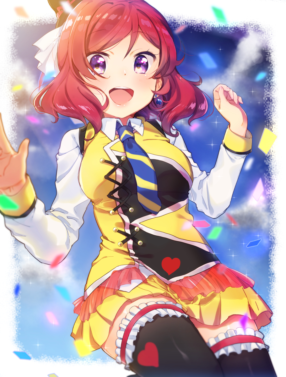 1girl :d black_legwear earrings hat heart highres jewelry looking_at_viewer love_live!_school_idol_project mofun nishikino_maki open_mouth redhead smile solo spade_earrings sunny_day_song thigh-highs violet_eyes