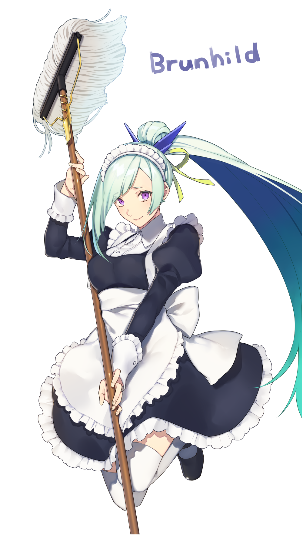 1girl alternate_costume blue_hair enmaided fate/grand_order fate/prototype fate/prototype:_fragments_of_blue_and_silver fate_(series) highres lancer_(fate/prototype_fragments) long_hair looking_at_viewer maid maid_headdress mop nakahara_(mu_tation) ponytail simple_background smile solo thigh-highs violet_eyes white_background white_legwear