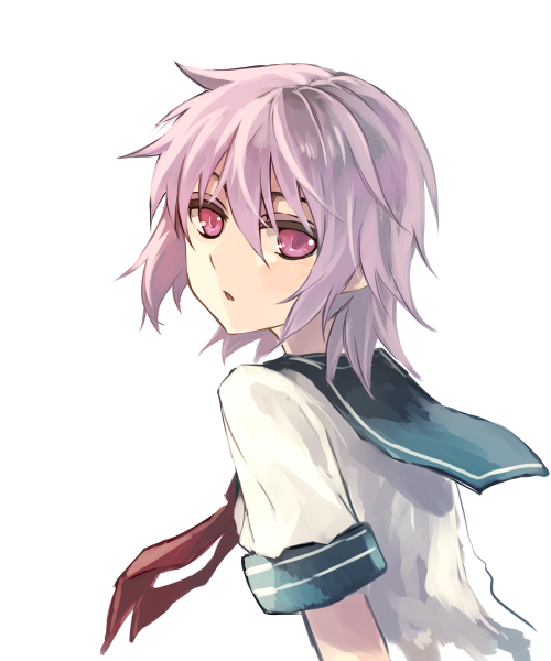 1girl kantai_collection looking_at_viewer natsuyuki purple_hair school_uniform shirt short_hair simple_background solo tama_(kantai_collection) upper_body violet_eyes white_background white_shirt