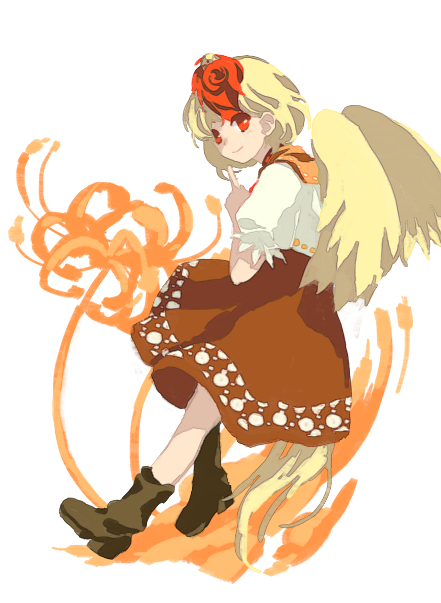 1girl bird_girl bird_tail blonde_hair closed_mouth commentary_request flower full_body hands_up kaigen_1025 multicolored_hair niwatari_kutaka puffy_short_sleeves puffy_sleeves red_eyes redhead shirt short_hair short_sleeves simple_background smile solo spider_lily tail touhou two-tone_hair white_background white_shirt yellow_wings