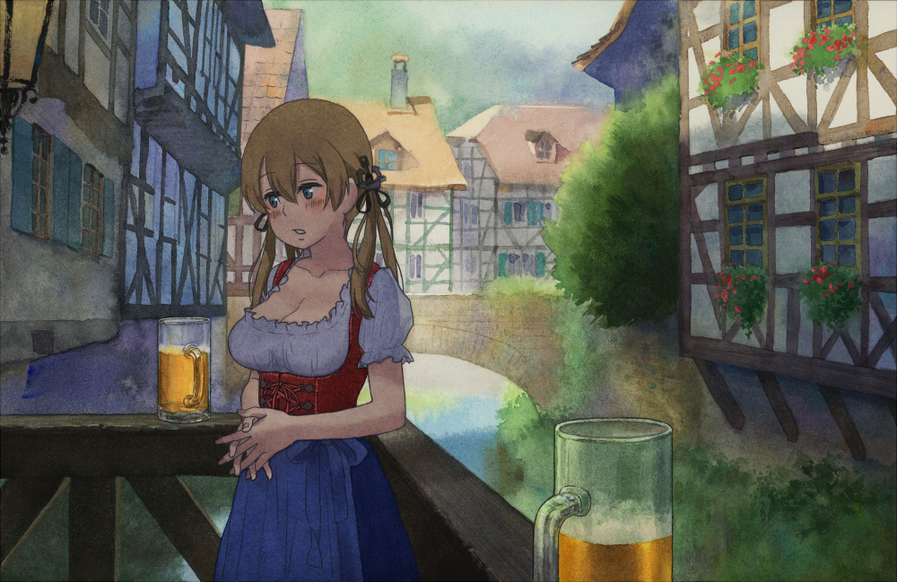 1girl alcohol alternate_costume anchor_hair_ornament architecture bangs beer beer_mug blonde_hair blouse blue_eyes blue_skirt blush bodice breasts bridge building bush cleavage collarbone cup dirndl drinking_glass fingernails german_clothes hair_between_eyes hair_ornament half-timbered hands_together house interlocked_fingers kantai_collection long_hair looking_away nervous oktoberfest outdoors own_hands_together parted_lips plant prinz_eugen_(kantai_collection) railing river shijukara_(great_tit) short_sleeves skirt solo town traditional_media twintails underbust watercolor_(medium) white_blouse