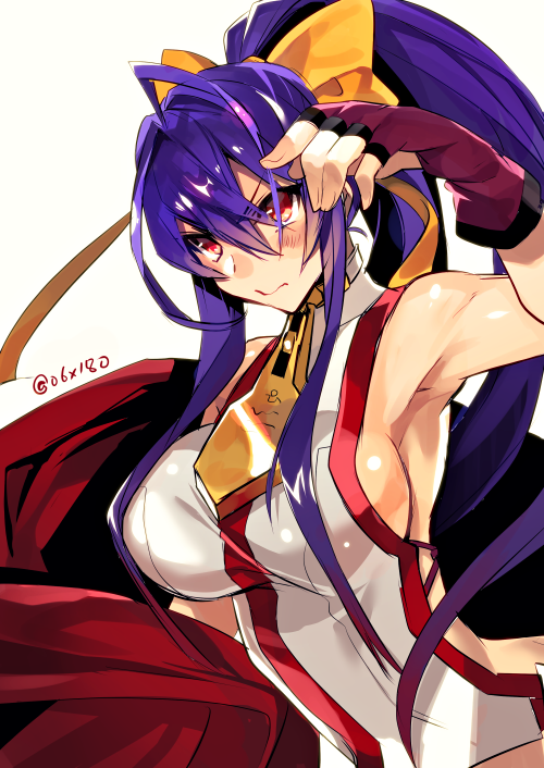 1girl antenna_hair arm_up backless_outfit bangs blazblue blazblue_variable_heart blue_hair bow breasts female fingerless_gloves frown genderswap genderswap_(mtf) gloves hair_between_eyes hair_bow hyakuhachi_(over3) large_breasts long_hair mai_natsume no_bra no_panties ponytail red_eyes ribbon sidelocks solo upper_body very_long_hair