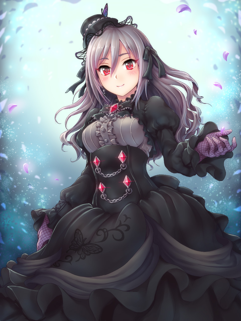 1girl black_dress center_frills dress fishnet_gloves fishnets framed_breasts gloves gothic_lolita hair_down hat highres idolmaster idolmaster_cinderella_girls idolmaster_cinderella_girls_starlight_stage jewelry juliet_sleeves kanzaki_ranko lolita_fashion long_hair long_sleeves petals puffy_sleeves red_eyes silver_hair smile solo toshi