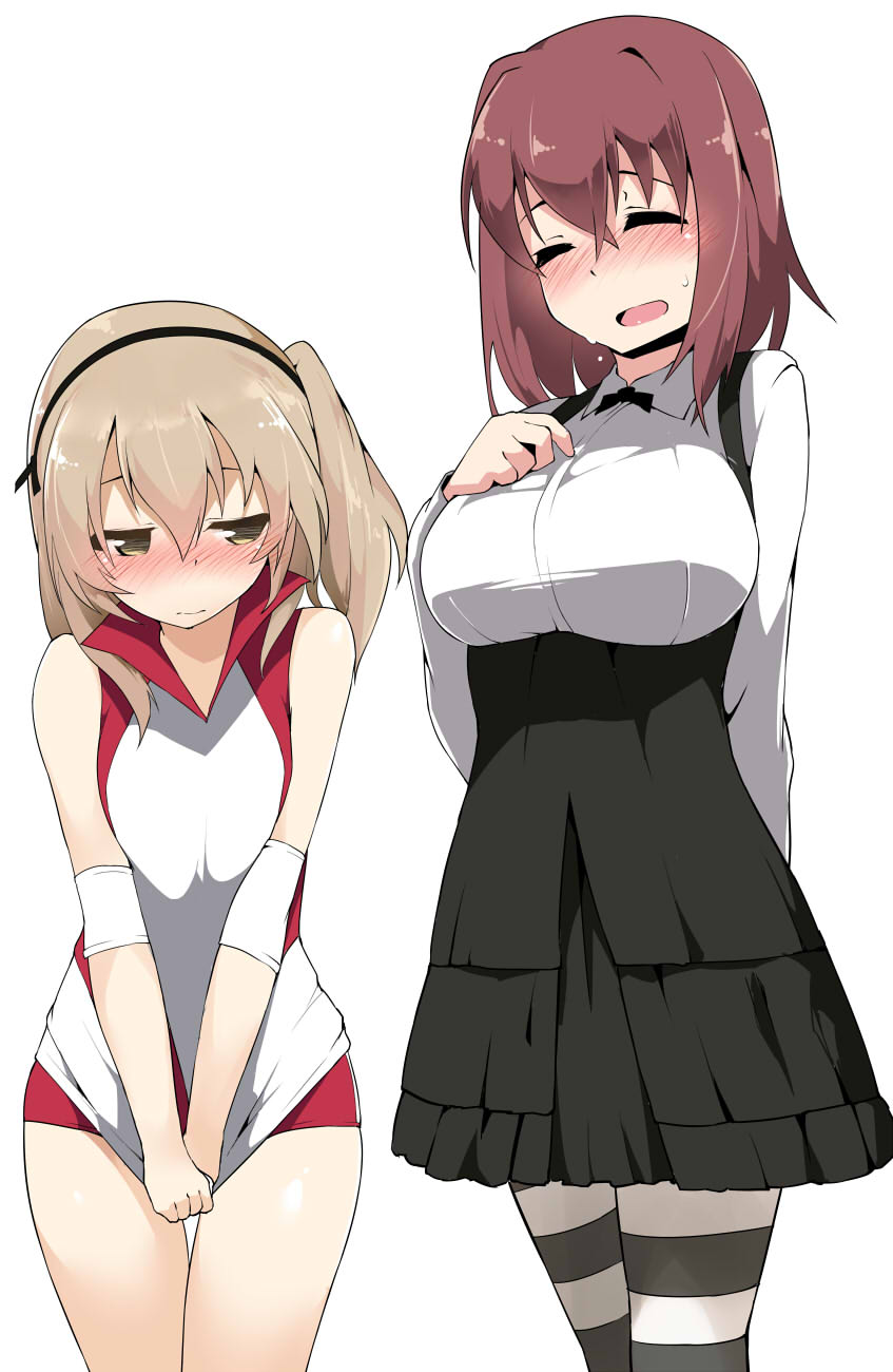 2girls alternate_costume arm_behind_back artist_name bangs bare_shoulders black_dress blonde_hair blush breast_envy breasts brown_eyes brown_hair closed_eyes commentary_request cosplay costume_switch covering covering_crotch cowboy_shot dress girls_und_panzer gym_uniform hairband half-closed_eyes high-waist_skirt highres kondou_taeko kondou_taeko_(cosplay) large_breasts long_hair long_sleeves looking_to_the_side multiple_girls one_side_up open_mouth pantyhose red_shorts shimada_arisu shimada_arisu_(cosplay) shirt shirt_pull shirt_tug short_hair short_shorts shorts side_ponytail skirt sleeveless sleeveless_shirt sportswear striped striped_legwear tera_zip thighs underbust v_arms volleyball_uniform
