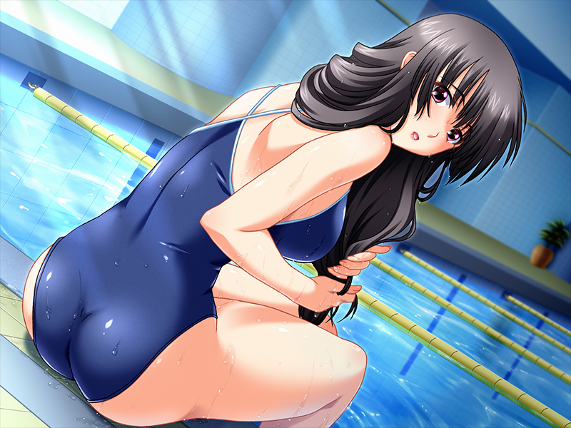1girl artist_request black_hair character_request copyright_request dutch_angle from_behind game_cg indoor_pool lane_line light_rays long_hair looking_at_viewer one-piece_swimsuit red_eyes sitting solo source_request swimsuit wet wringing_hair