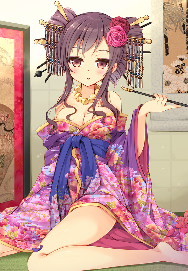 1girl :o bare_legs barefoot blush breasts brown_eyes brown_hair cleavage collarbone drill_hair floral_print flower glint hair_flower hair_ornament hair_stick holding holding_pipe japanese_clothes jewelry kimono kiseru large_breasts long_sleeves mori_airi necklace off_shoulder official_art open_clothes open_kimono open_mouth original pearl_necklace picture_frame pipe red_rose rose short_hair_with_long_locks sidelocks sitting solo tatami twin_drills twintails wariza wide_sleeves