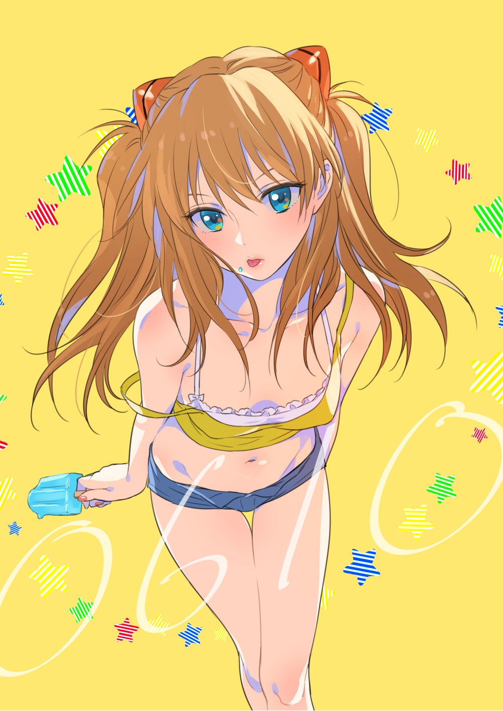 1girl :p bangs bare_shoulders blue_eyes blue_shorts blush bow bow_bra bra breasts casual cleavage collarbone crop_top dated diagonal_stripes eyebrows eyebrows_behind_hair eyelashes eyelashes_visible_through_hair facing_viewer feet_out_of_frame food food_on_face frills from_above groin hair_ornament highres holding ice_cream leaning_forward legs_together light_brown_eyebrows light_brown_hair long_hair looking_at_viewer midriff morikura_en nail_polish navel neon_genesis_evangelion off_shoulder open_fly popsicle red_nails short_shorts shorts simple_background skinny small_breasts solo souryuu_asuka_langley standing star starry_background strap_slip striped thigh_gap thighs tongue tongue_out two_side_up underwear white_bra yellow_background