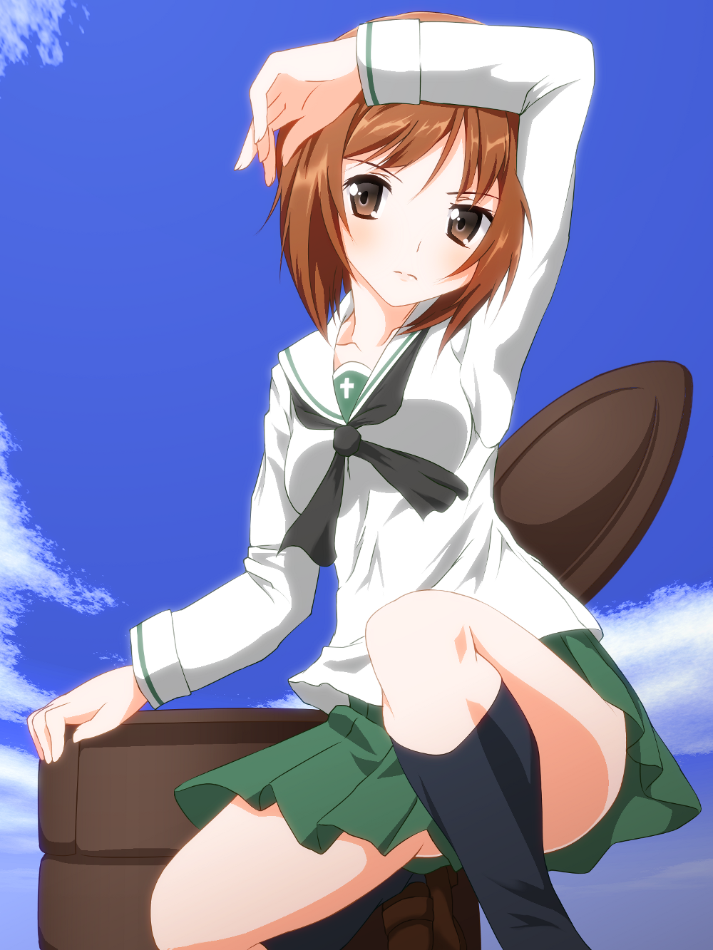1girl arm_up bangs black_legwear blouse brown_eyes brown_hair brown_shoes clouds cloudy_sky commentary girls_und_panzer green_skirt ground_vehicle highres kneehighs loafers long_sleeves looking_at_viewer military military_vehicle miniskirt motor_vehicle neckerchief nishizumi_miho nora_ichigo pleated_skirt school_uniform serafuku shoes short_hair skirt sky solo squatting tank white_blouse