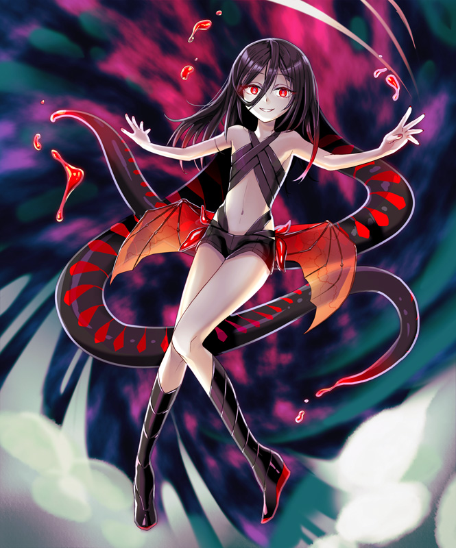 1girl bangs bare_shoulders black_hair boots borrowed_character cthulhu_mythos flat_chest gradient_hair hair_between_eyes kuroi long_hair looking_at_viewer multicolored_hair navel nyarlathotep original outstretched_arms red_eyes redhead smile solo tentacles wings