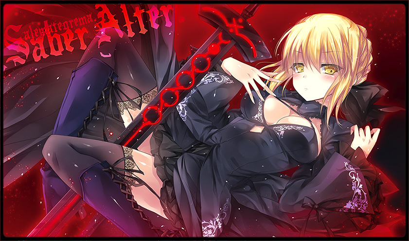 &gt;:| 1girl armor armored_dress bent_knees black_legwear black_ribbon blonde_hair blush braid breasts character_name choker circle_name cleavage cross-laced_footwear dark_persona excalibur fate/grand_order fate/stay_night fate_(series) french_braid frilled_sleeves frills gothic_lolita hair_ribbon kobayashi_yoshitaka letterboxed lolita_fashion long_sleeves looking_at_viewer lying on_back ribbon saber saber_alter short_hair solo thigh-highs wide_sleeves yellow_eyes