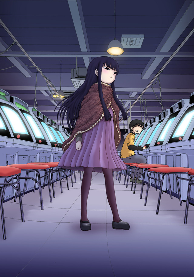 1boy 1girl arcade arcade_cabinet arcade_stick chair controller game_controller high_score_girl joystick light official_art official_style oono_akira pantyhose playing promotional_art serious sitting stool yaguchi_haruo