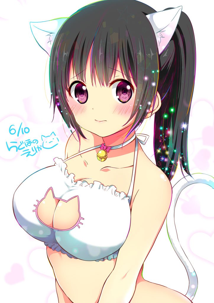 1girl :s alternate_hair_color animal_ears arched_back artist_name bell bell_choker black_hair blue_bow blue_bowtie blush bow bowtie bra breasts cat_ears cat_lingerie cat_tail choker cleavage cleavage_cutout closed_mouth collarbone colored_eyelashes confetti dated eyebrows eyebrows_visible_through_hair frilled_bra frills green_eyes heart large_breasts long_hair looking_at_viewer original ponytail ragho_no_erika signature solo sparkle tail tareme underwear underwear_only upper_body v_arms white_bra white_tail