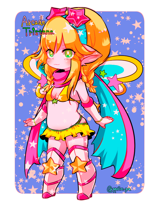 1girl :3 alternate_costume alternate_hair_color alternate_hairstyle animal_ears armlet bangs bare_shoulders bikini_top blonde_hair blush bracelet braid character_name closed_mouth english eyebrows eyebrows_visible_through_hair fairy_wings flat_chest full_body goggles goggles_on_head green_eyes hair_between_eyes headgear jewelry league_of_legends looking_to_the_side midriff miniskirt no_navel otani_(kota12ro08) pointy_ears ring scarf short_hair skirt small_breasts solo star star_print starry_background stomach thighs tristana twitter_username wings yordle