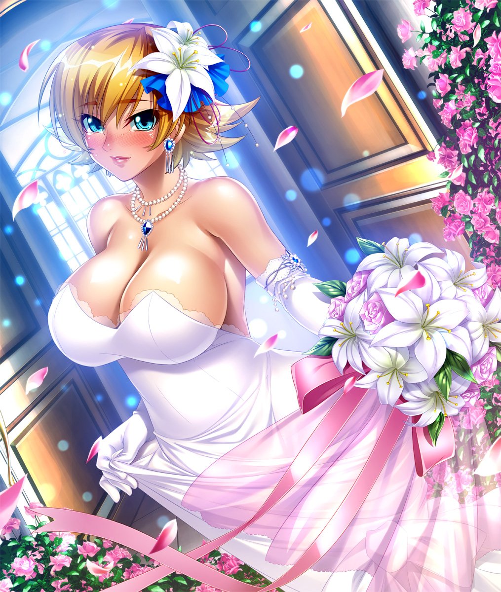 1girl bare_shoulders beads blonde_hair blue_eyes blush bouquet breasts cleavage dress earrings elbow_gloves feet_out_of_frame female flower gloves hair_flower hair_ornament highres holding holding_bouquet igawa_sakura jewelry kagami_hirotaka large_breasts lilith-soft lipstick looking_at_viewer makeup necklace pearl_necklace petals pink_ribbon ribbon short_hair smile solo strapless strapless_dress taimanin_asagi taimanin_asagi_battle_arena tears wedding_dress white_dress white_gloves