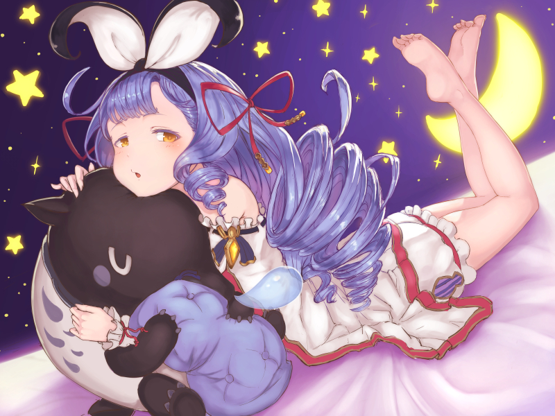 1girl :o bare_shoulders barefoot blue_hair blush crescent_moon drill_hair feet granblue_fantasy hair_ribbon long_hair looking_at_viewer lying moon nose_bubble on_stomach ribbon ryuinu solo star tapir very_long_hair vetol_(granblue_fantasy) yellow_eyes