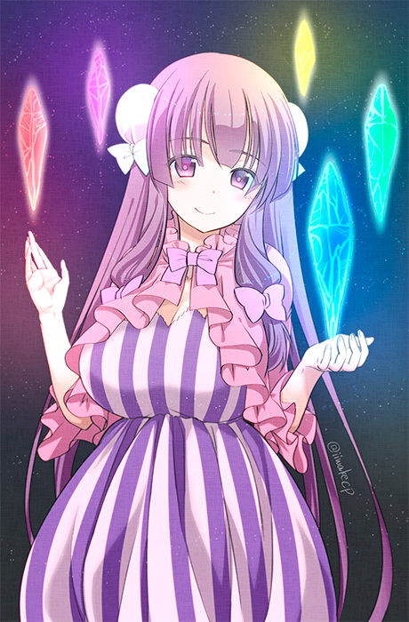 1girl blush bow bowtie breasts bun_cover capelet commentary_request cowboy_shot double_bun dress frills hair_bow hair_ribbon large_breasts long_hair looking_at_viewer no_hat patchouli_knowledge philosopher's_stone pink_bow pink_bowtie purple_hair ribbon shigemiya_kyouhei sidelocks smile solo striped striped_dress touhou tress_ribbon twitter_username very_long_hair violet_eyes white_bow