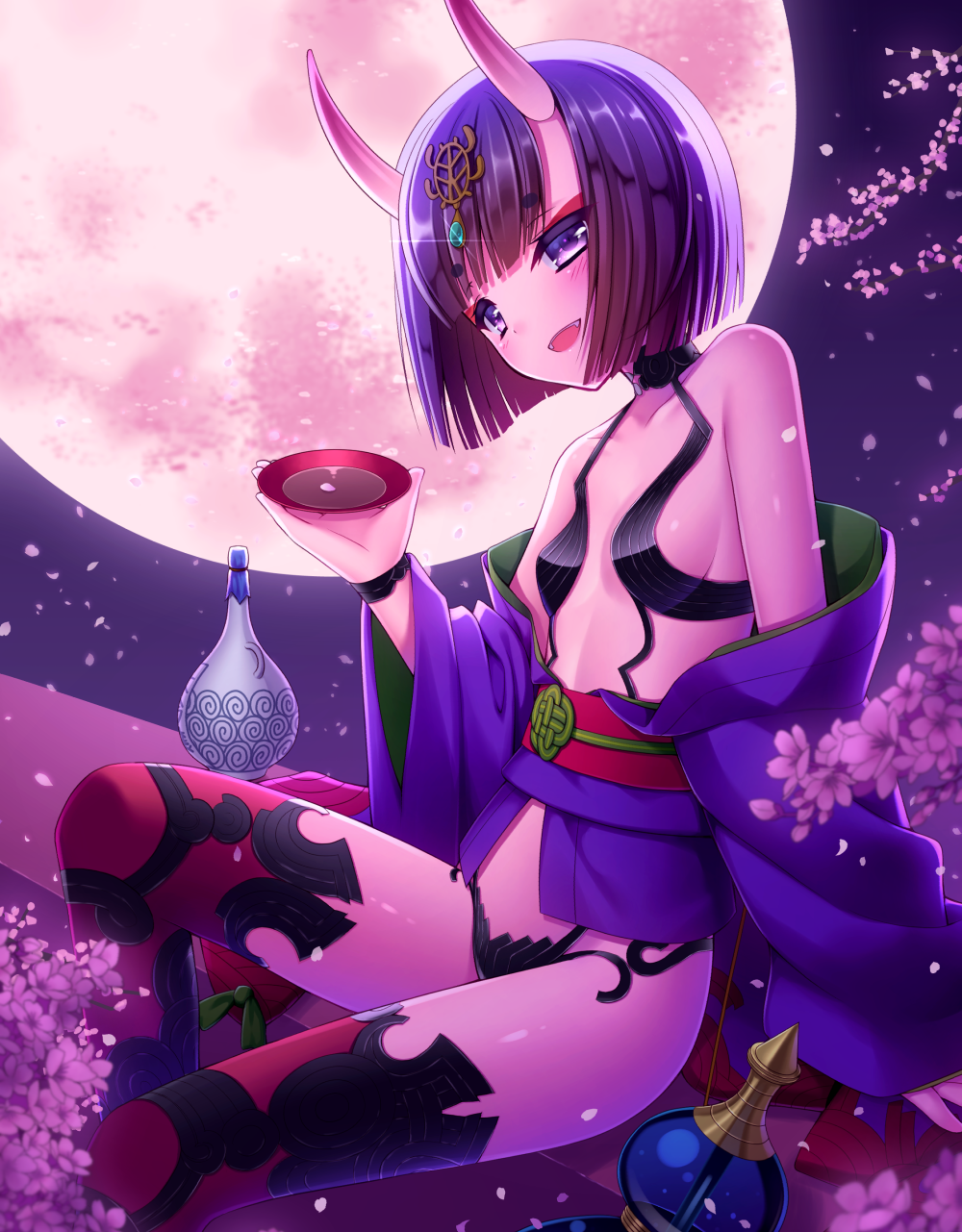 1girl alcohol bare_shoulders blush cherry_blossoms choker fang fate/grand_order fate_(series) highres horns japanese_clothes kimono kuro_futoshi looking_at_viewer midriff moon off_shoulder oni open_mouth pale_skin petals purple_hair revealing_clothes sakazuki sake short_hair shuten_douji_(fate/grand_order) sitting small_breasts smile solo thigh-highs violet_eyes